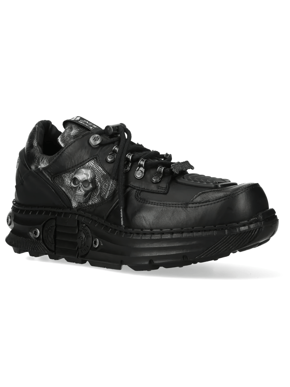 NEW ROCK Women's Skull Sneakers with Chunky Treaded Sole in black with metallic panels and skull detail.