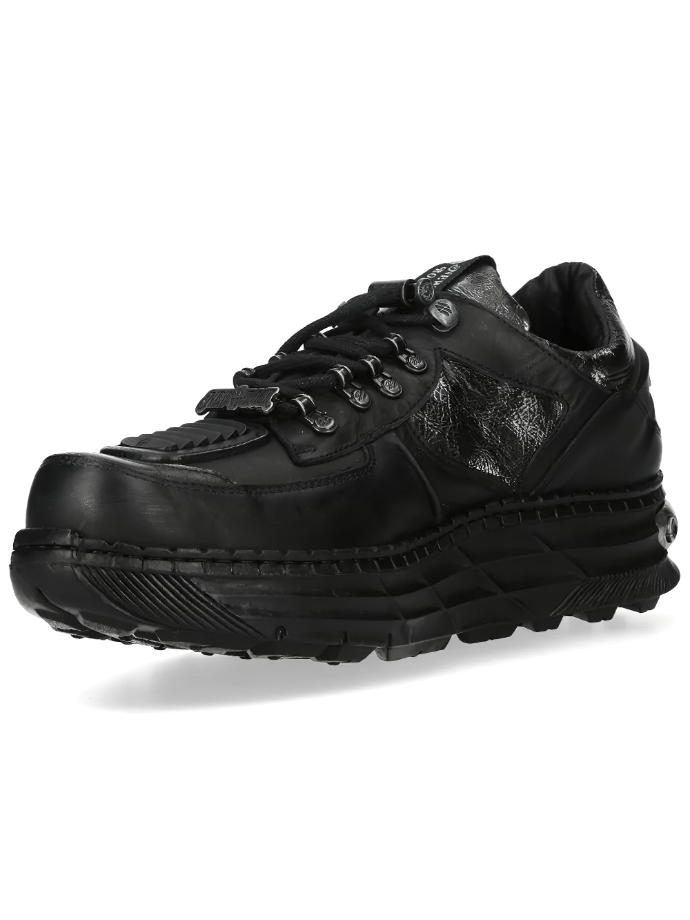 NEW ROCK Women's Skull Sneakers with Chunky Treaded Sole featuring a sleek black design and metallic accents.