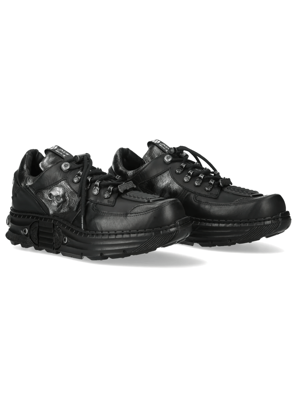 NEW ROCK Women's Skull Sneakers with Chunky Treaded Sole in black featuring metallic panels and skull design.