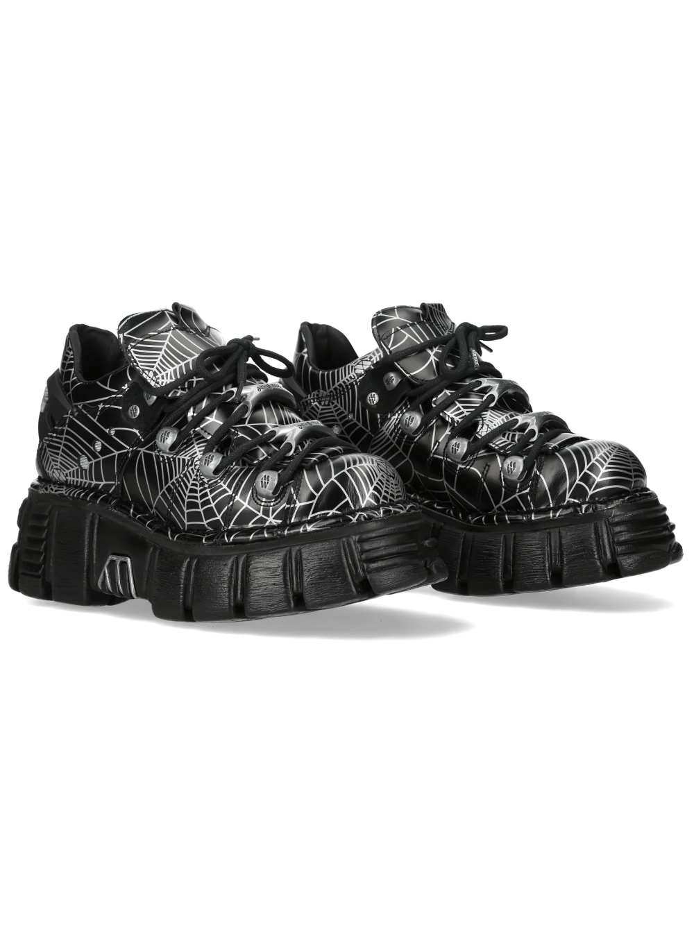 NEW ROCK Women's Spider Web Gothic Chunky Platform Shoes with silver spider web print and thick, round laces.