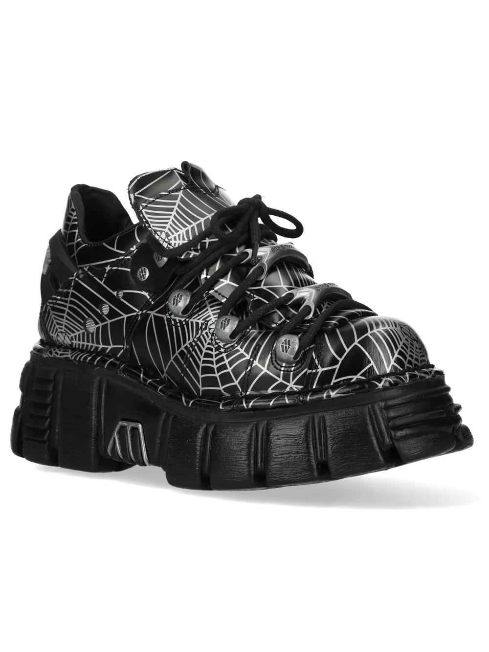 NEW ROCK Women's Spider Web Gothic Chunky Platform Shoes with silver spider web print and thick sole.