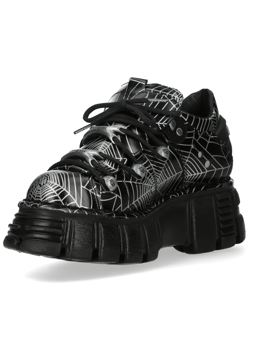NEW ROCK Women's Spider Web Gothic Chunky Platform Shoes with silver spider web design and thick sole.