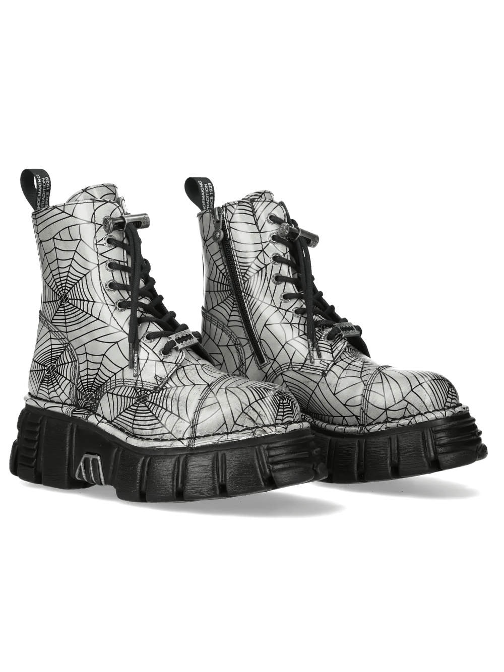 NEW ROCK Women's Spiderweb Gothic Boots with Chunky Platform in gray with black spiderweb print and oversized lug platform.
