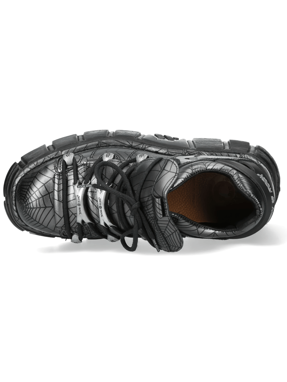 NEW ROCK Women's Spiderweb Low Shoes with Black Tread Sole top view showcasing glossy black spiderweb design.