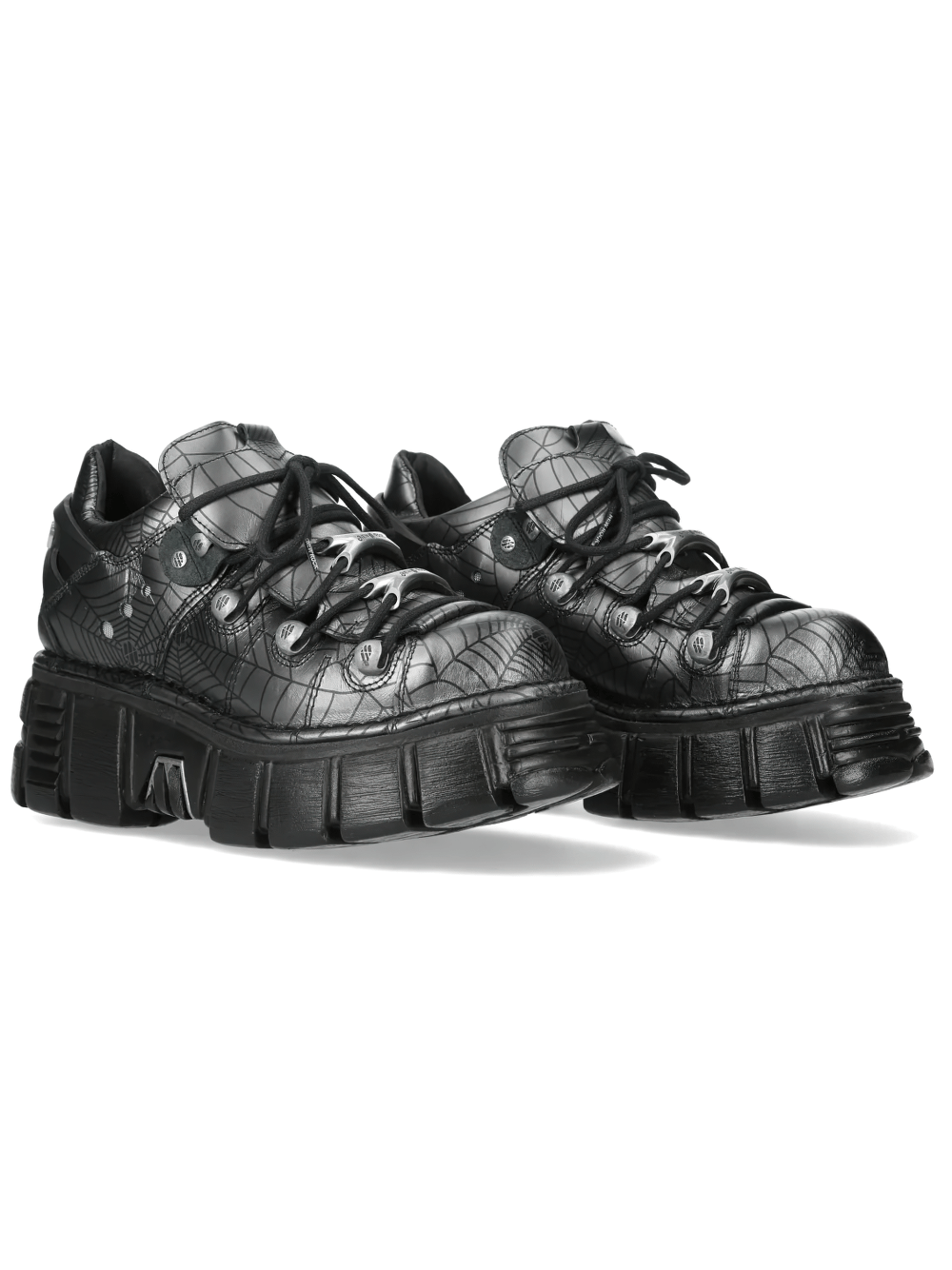 NEW ROCK Women's Spiderweb Low Shoes with Black Tread Sole in black with spiderweb print and chunky soles.