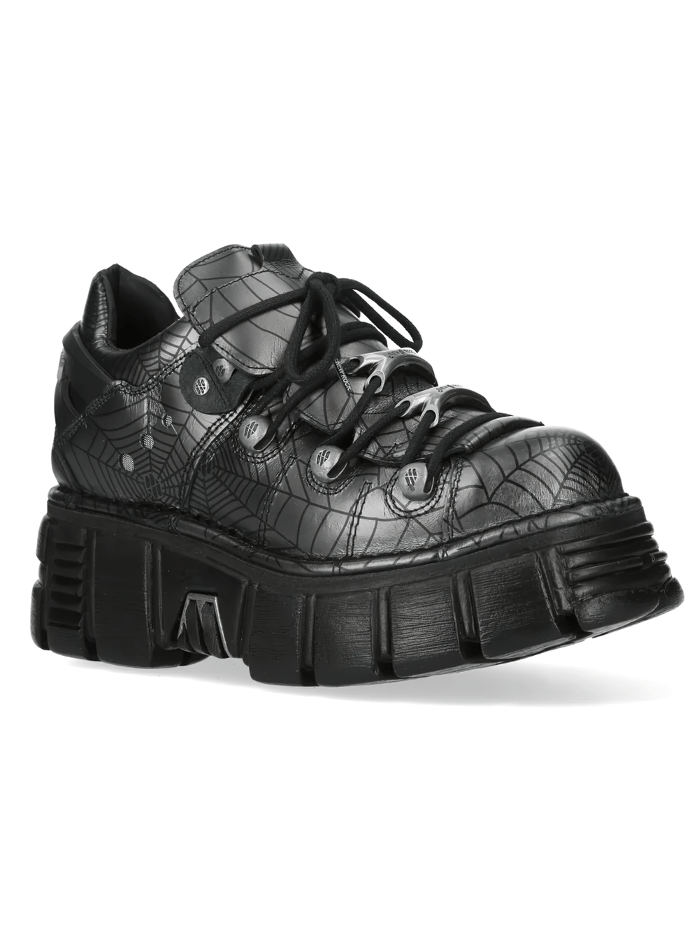 NEW ROCK Women's Spiderweb Low Shoes with Black Tread Sole featuring a sleek spiderweb design and chunky platform.