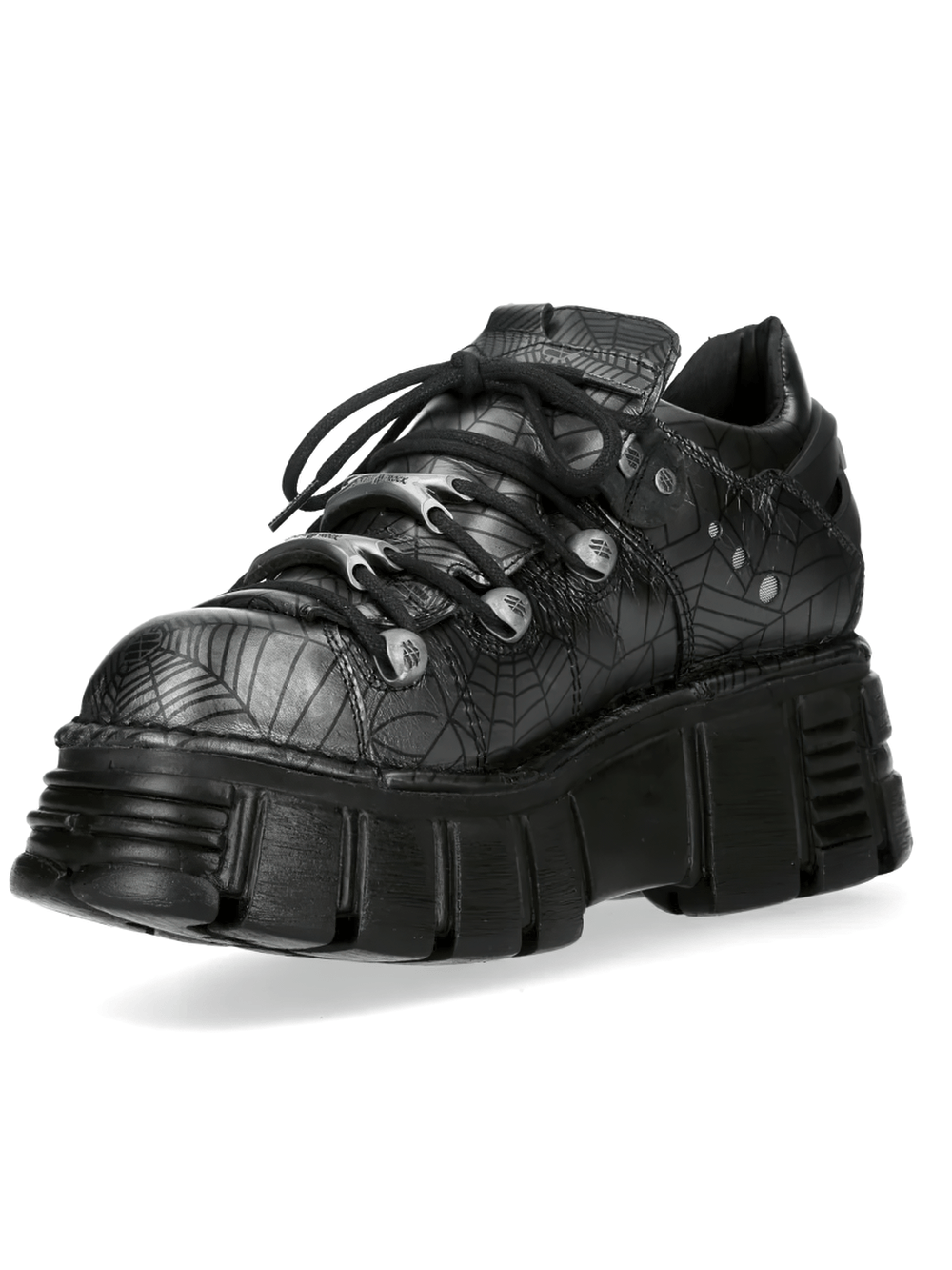 NEW ROCK Women's Spiderweb Low Shoes with Black Tread Sole featuring chunky platform and spiderweb design.