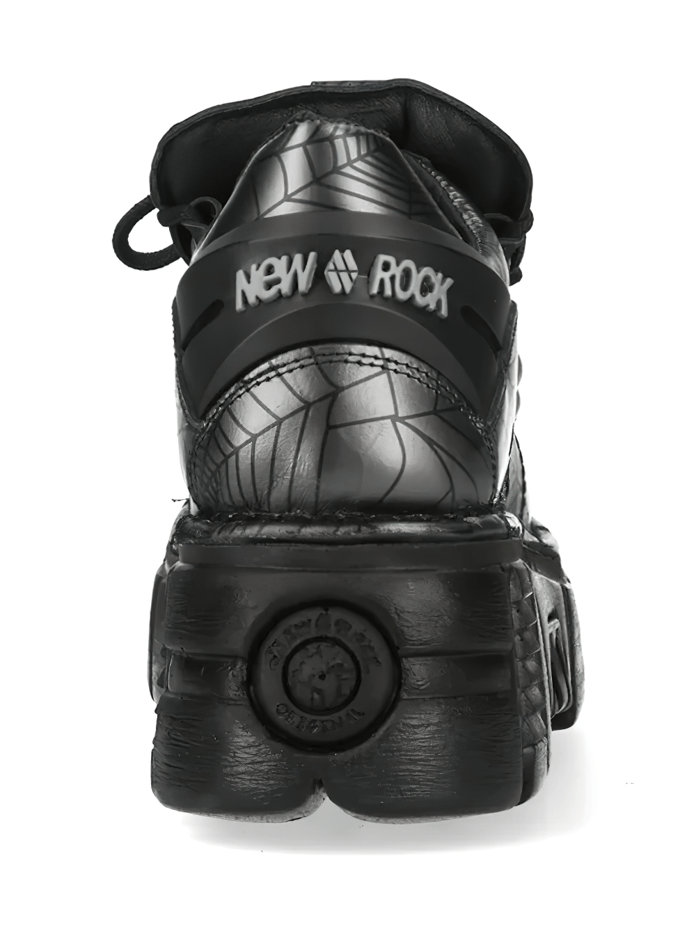 NEW ROCK Women's Spiderweb Low Shoes with Black Tread Sole featuring a unique spiderweb design and chunky platform.