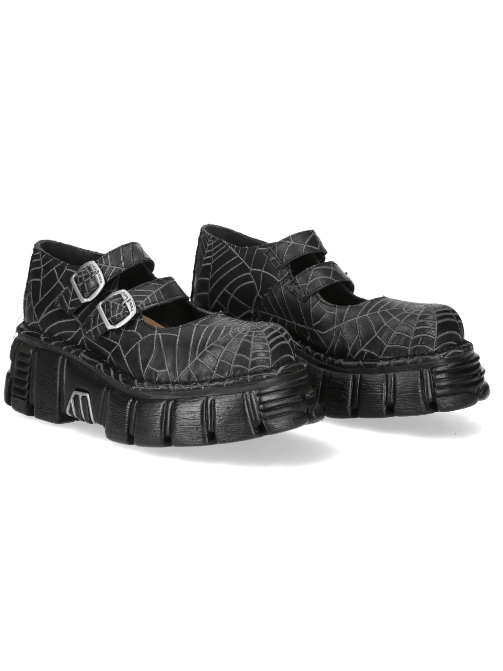 NEW ROCK Women's Spiderweb Mary Janes with Buckle Straps in black with spiderweb motif and platform sole.