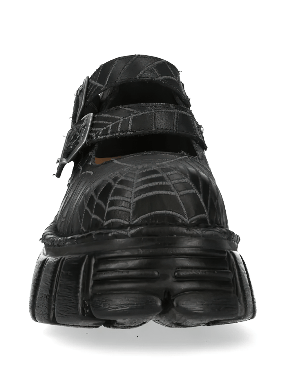 NEW ROCK Women's Spiderweb Mary Janes with Buckle Straps front view highlighting web motif and double buckle straps.