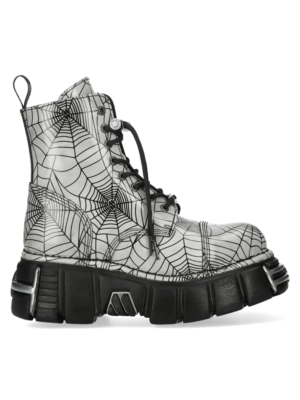 NEW ROCK Women's Spiderweb Platform Boots with Toe Guard showcased in gray with a striking black spiderweb design.