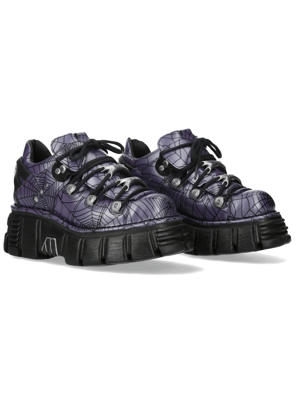 NEW ROCK Women's Spiderweb Shoes with Chunky Lug Platform featuring purple and black spiderweb print and silver hardware.