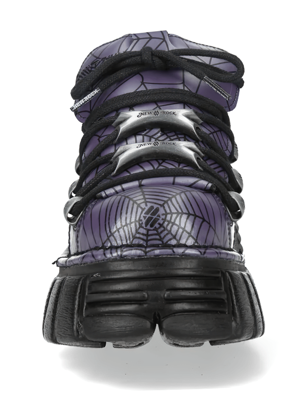 NEW ROCK Women's Spiderweb Shoes with Chunky Lug Platform in purple and black with spiderweb design and silver hardware.