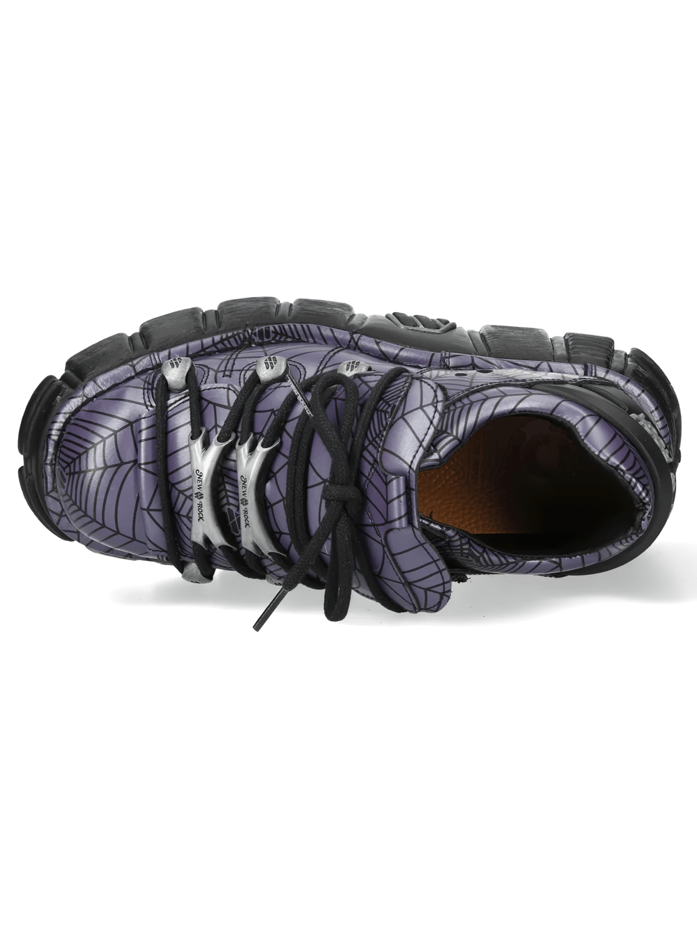 NEW ROCK Women's Spiderweb Shoes with Chunky Lug Platform top view showcasing spiderweb print and black laces.