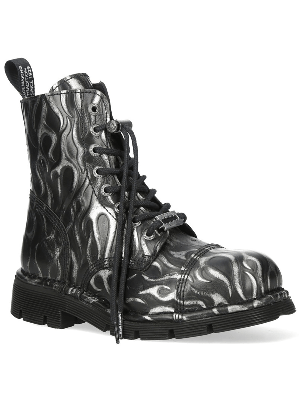 NEW ROCK Women's Steel Fire Gothic Ankle Boots with Zipper featuring metallic flame design and side zip.