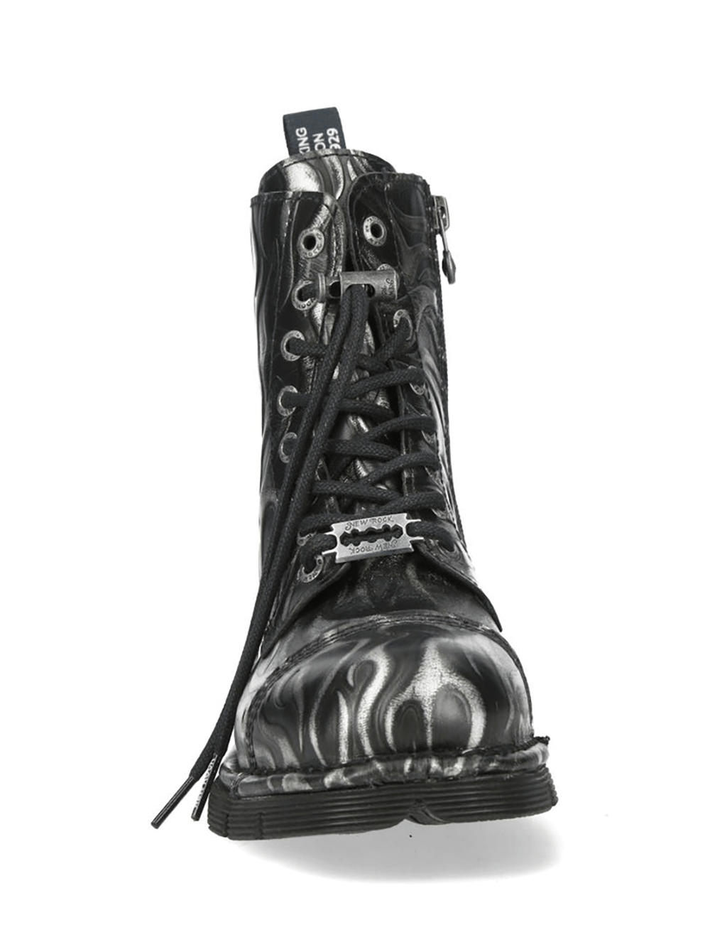 NEW ROCK Women's Steel Fire Gothic Ankle Boots with Zipper showcasing metallic flame design and black laces.