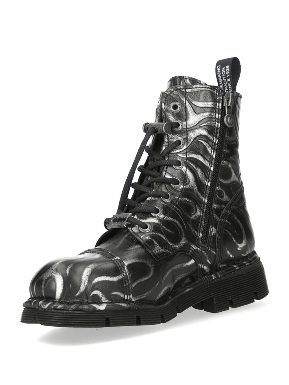 NEW ROCK Women's Steel Fire Gothic Ankle Boots with Zipper featuring metallic flame design and side zipper.