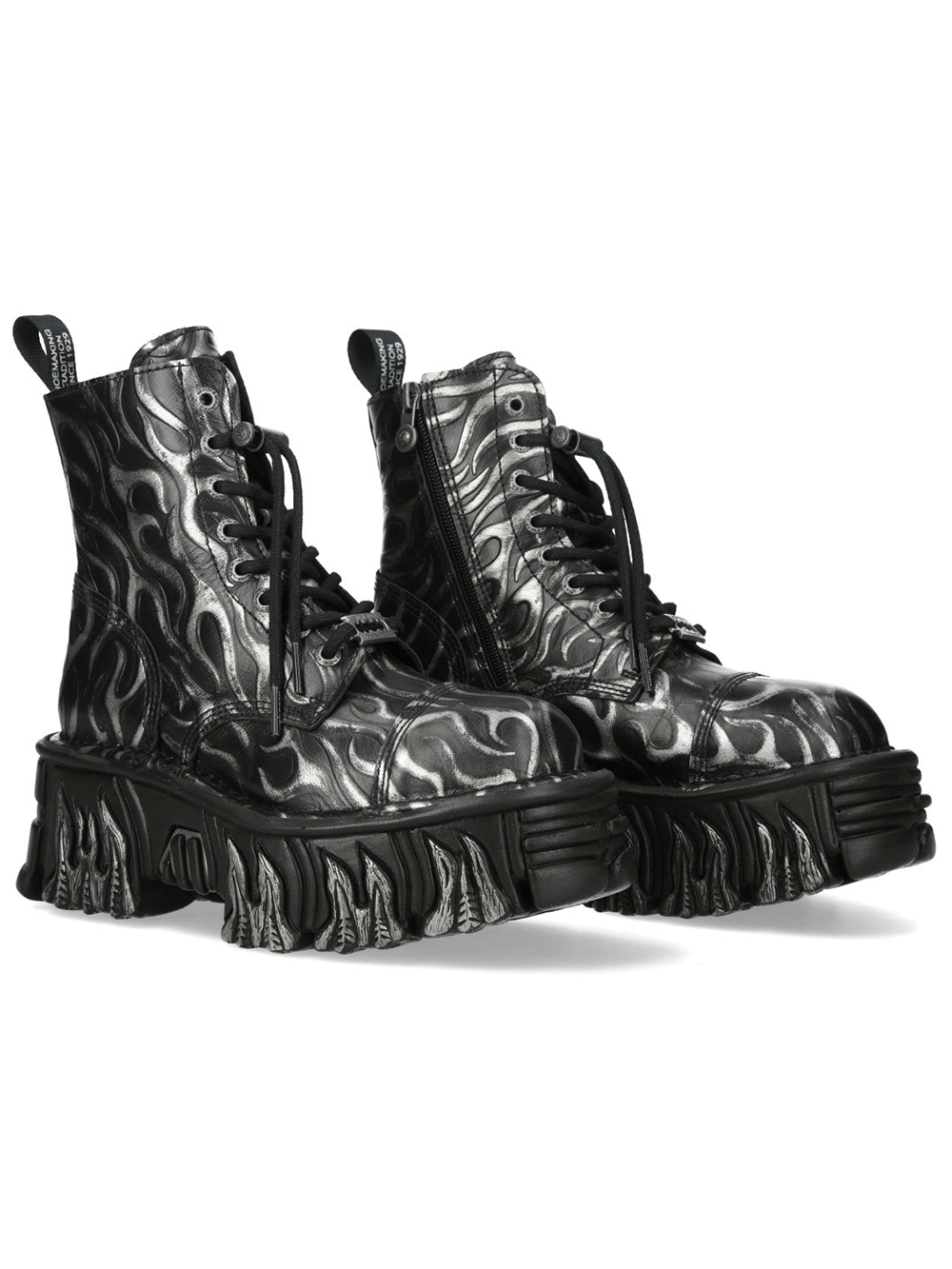 NEW ROCK Women's Steel Goth Platform Boots With Flame Sole featuring flame detailing and chunky platform design.