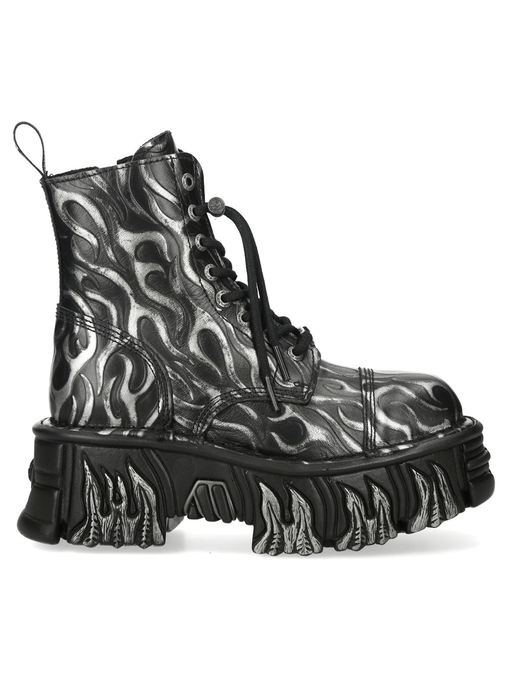 NEW ROCK Women's Steel Goth Platform Boots With Flame Sole featuring a black and silver flame design and chunky sole.