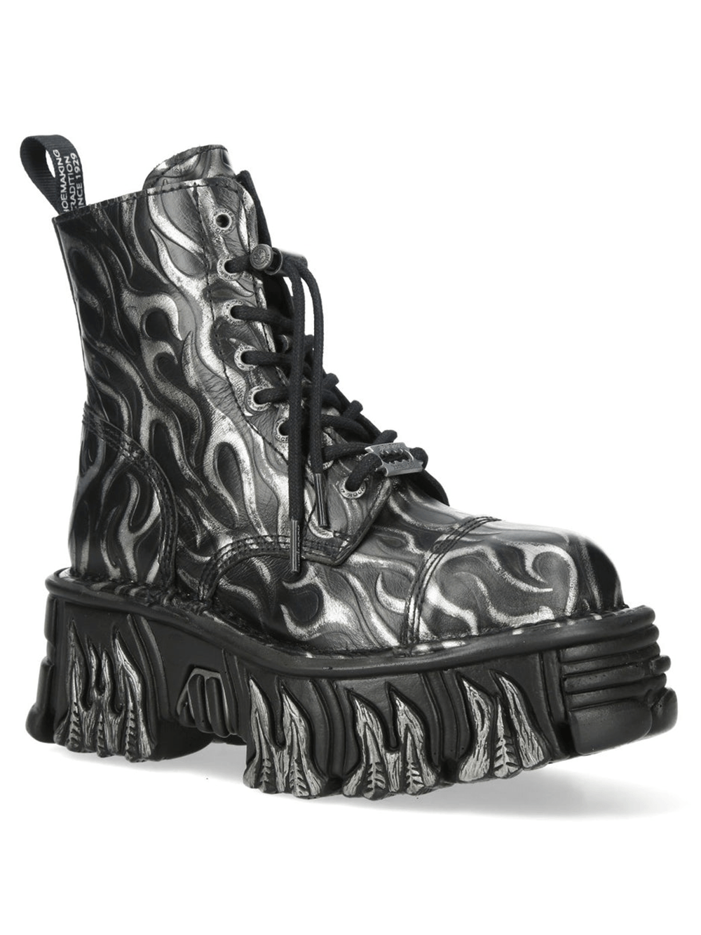 NEW ROCK Women's Steel Goth Platform Boots With Flame Sole showcasing a striking black and silver flame design.
