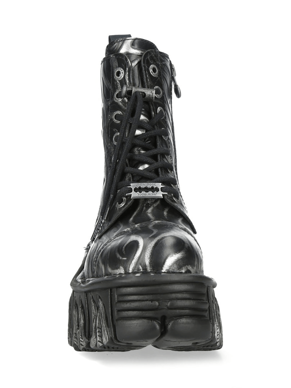 NEW ROCK Women's Steel Goth Platform Boots With Flame Sole featuring a striking black and silver flame design.
