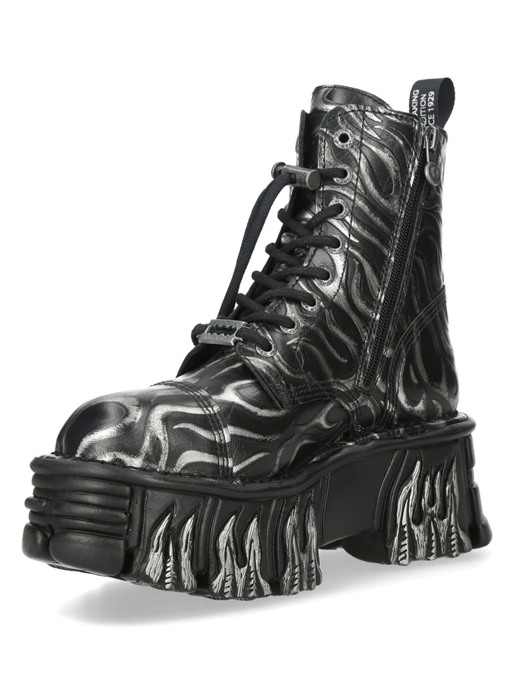 NEW ROCK Women's Steel Goth Platform Boots With Flame Sole featuring stylish flame detailing and chunky lug sole.