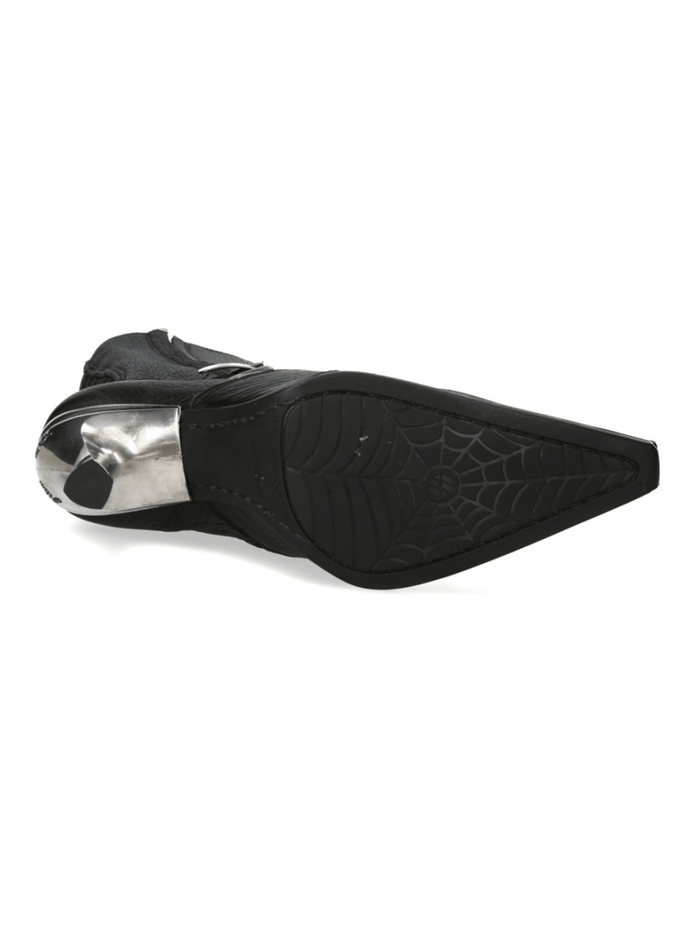 NEW ROCK Women's Stiletto Boots With Buckles and Zippers featuring a silver heel and sleek black design.