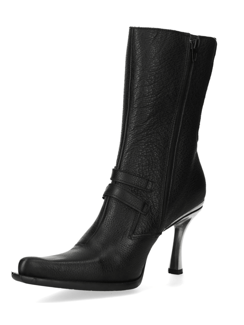 NEW ROCK Women's Stiletto Boots With Buckles and Zippers featuring side zipper and sleek silver heel.