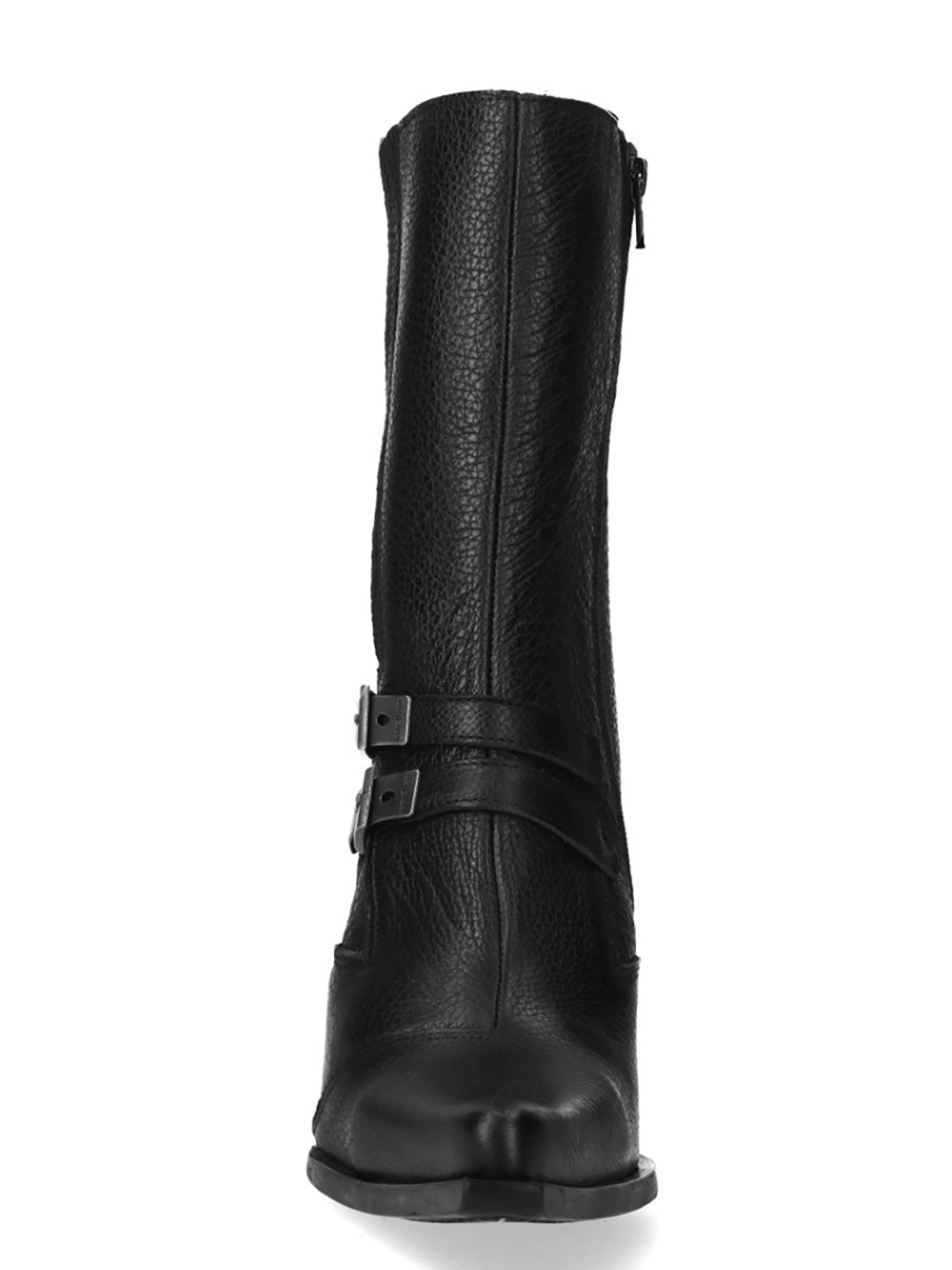 NEW ROCK Women's Stiletto Boots With Buckles and Zippers showcasing black mid-calf design and silver heel.