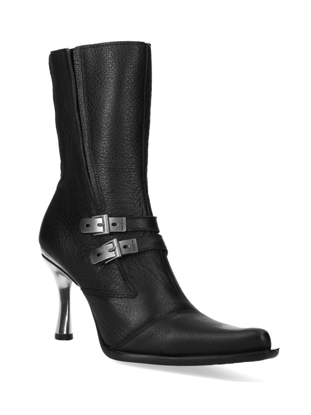 NEW ROCK Women's Stiletto Boots With Buckles and Zippers featuring pebbled black finish and sculpted silver heel.