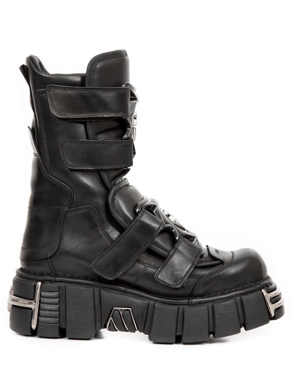 NEW ROCK Women's Strap Platform Boots with Silver Plate Trim featuring chunky tread sole and broad Velcro straps.