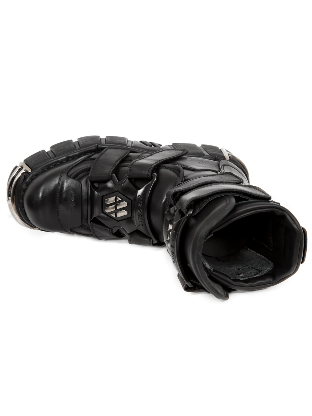 NEW ROCK Women's Strap Platform Boots with Silver Plate Trim showcasing chunky tread and metallic armor details.