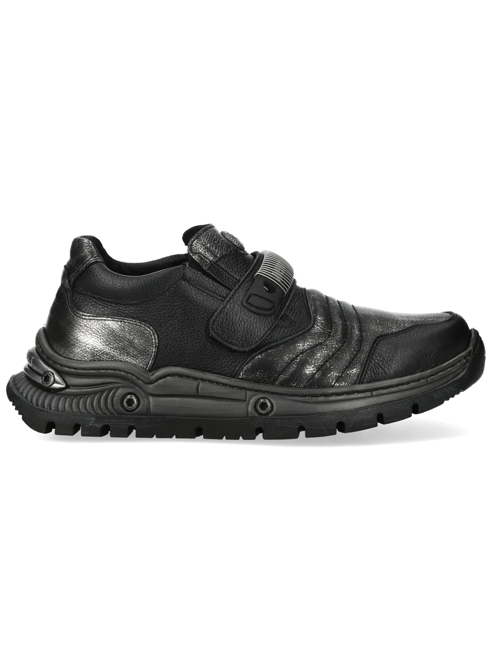 NEW ROCK Women's Strap Shoes with Mechanical Strap Detail in black leather with futuristic design