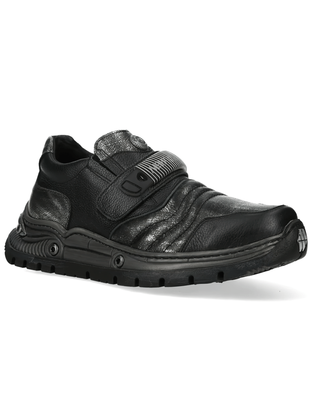 NEW ROCK Women's Strap Shoes with Mechanical Strap Detail featuring a sleek black leather design.