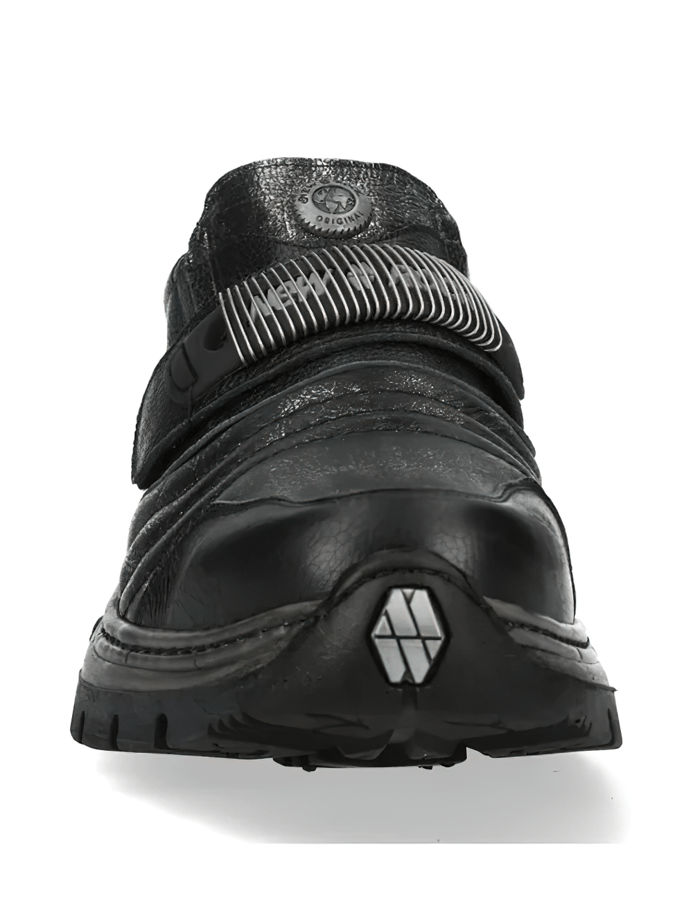 NEW ROCK Women's Strap Shoes with Mechanical Strap Detail featuring black leather and rugged sole.