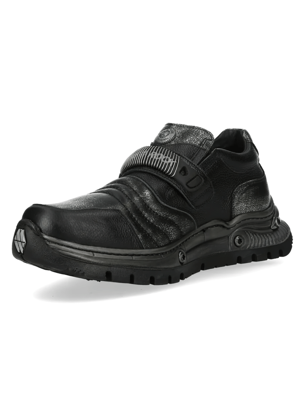 NEW ROCK Women's Strap Shoes with Mechanical Strap Detail in sleek black leather and industrial design.