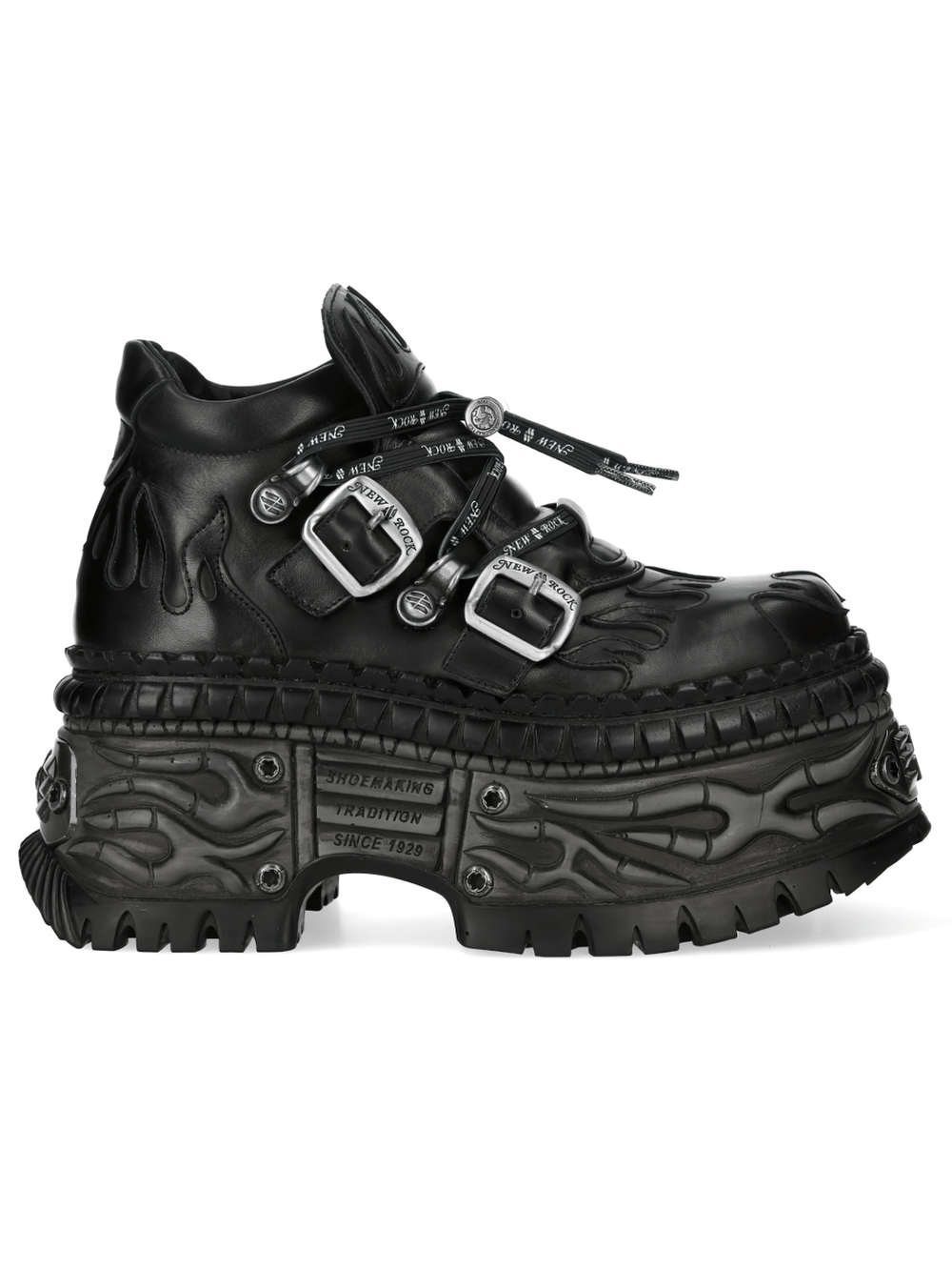 NEW ROCK Women's Stylish Platform Shoes with Strap featuring flame buckle details and chunky sculpted sole.