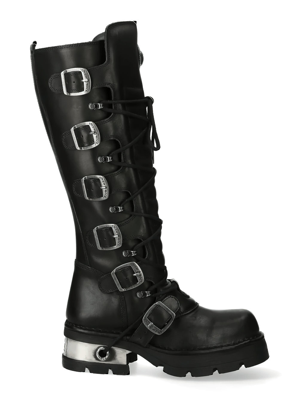NEW ROCK Women's Tall Boots with Buckles and Metal Heel Caps showcasing a gothic punk style.