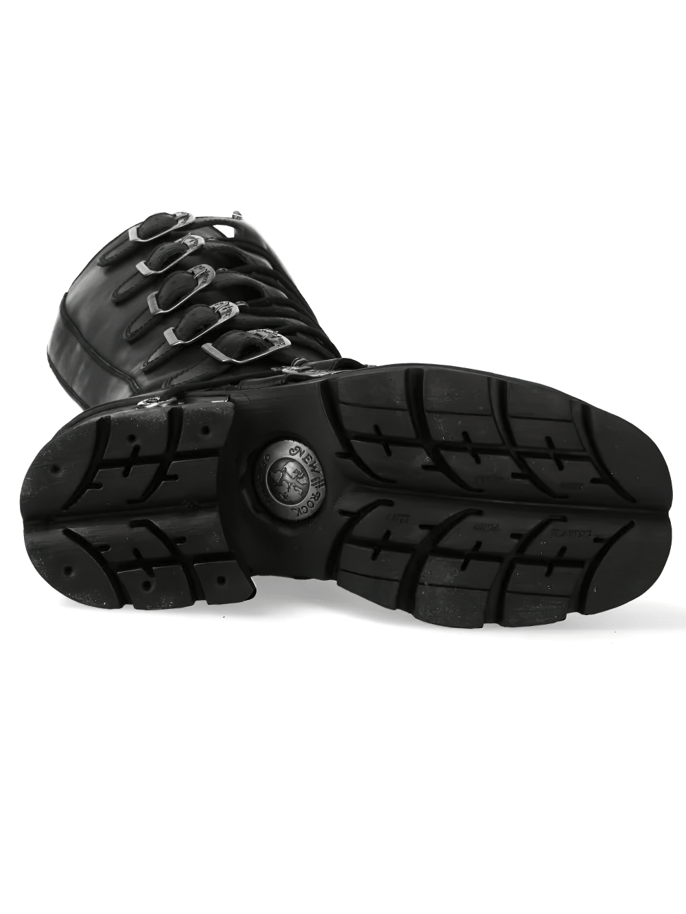 NEW ROCK Women's Tall Boots with Buckles and Metal Heel Caps view of the rugged sole with detailed tread design.