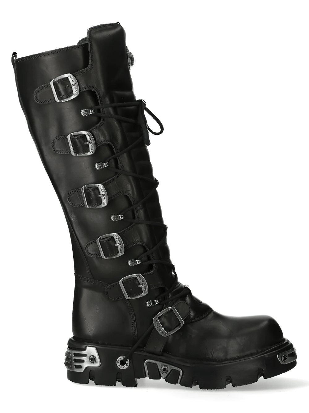 NEW ROCK Women's Tall Boots with Laces and Chunky Outsole in black leather with silver-tone hardware.