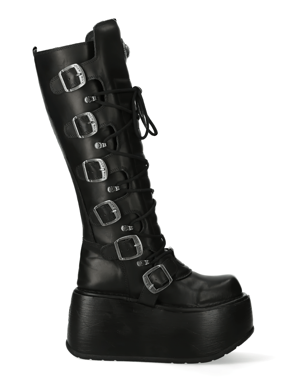 NEW ROCK Women's Tall Platform Boots with Buckles and Laces side view showcasing the bold buckle and lace design.