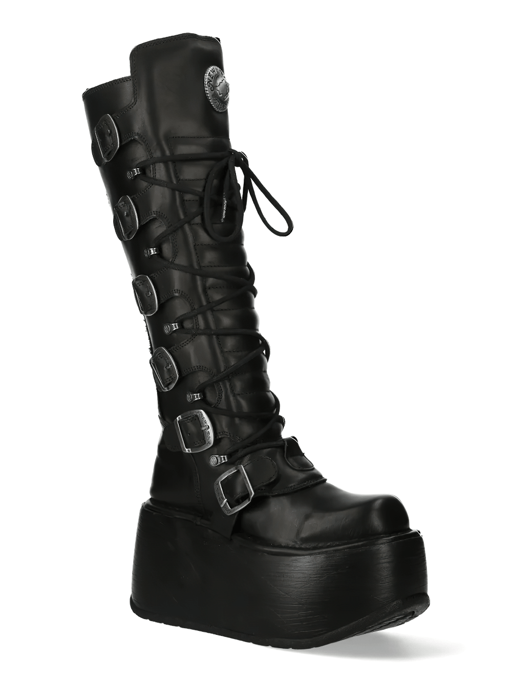 NEW ROCK Women's Tall Platform Boots with Buckles and Laces featuring a black lace-up design and bold wedge sole.