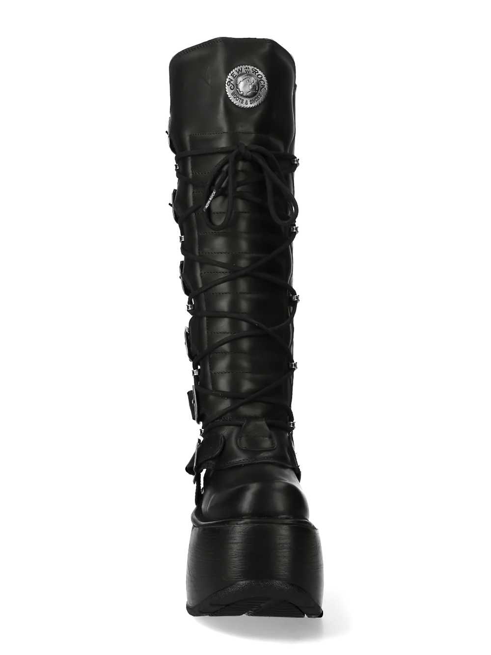 NEW ROCK Women's Tall Platform Boots with Buckles and Laces - black gothic punk style with lace-up and metal accents.