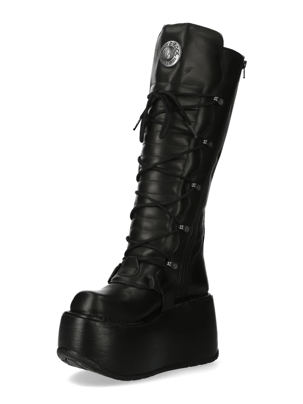 NEW ROCK Women's Tall Platform Boots with Buckles and Laces showcasing a gothic punk style with buckles and lace-up front.