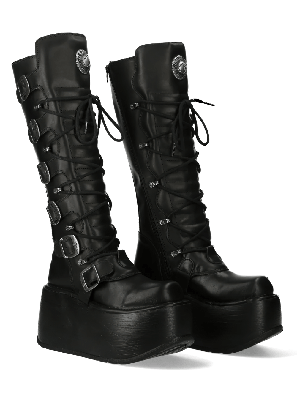 NEW ROCK Women's Tall Platform Boots with Buckles and Laces, black gothic punk style with lace-up and side zipper.