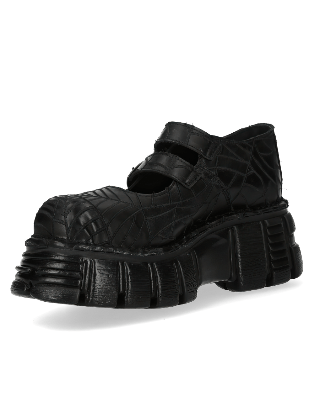 NEW ROCK Women's Web Print Buckle Platform Shoes featuring a chunky tread sole and raised spiderweb texture.