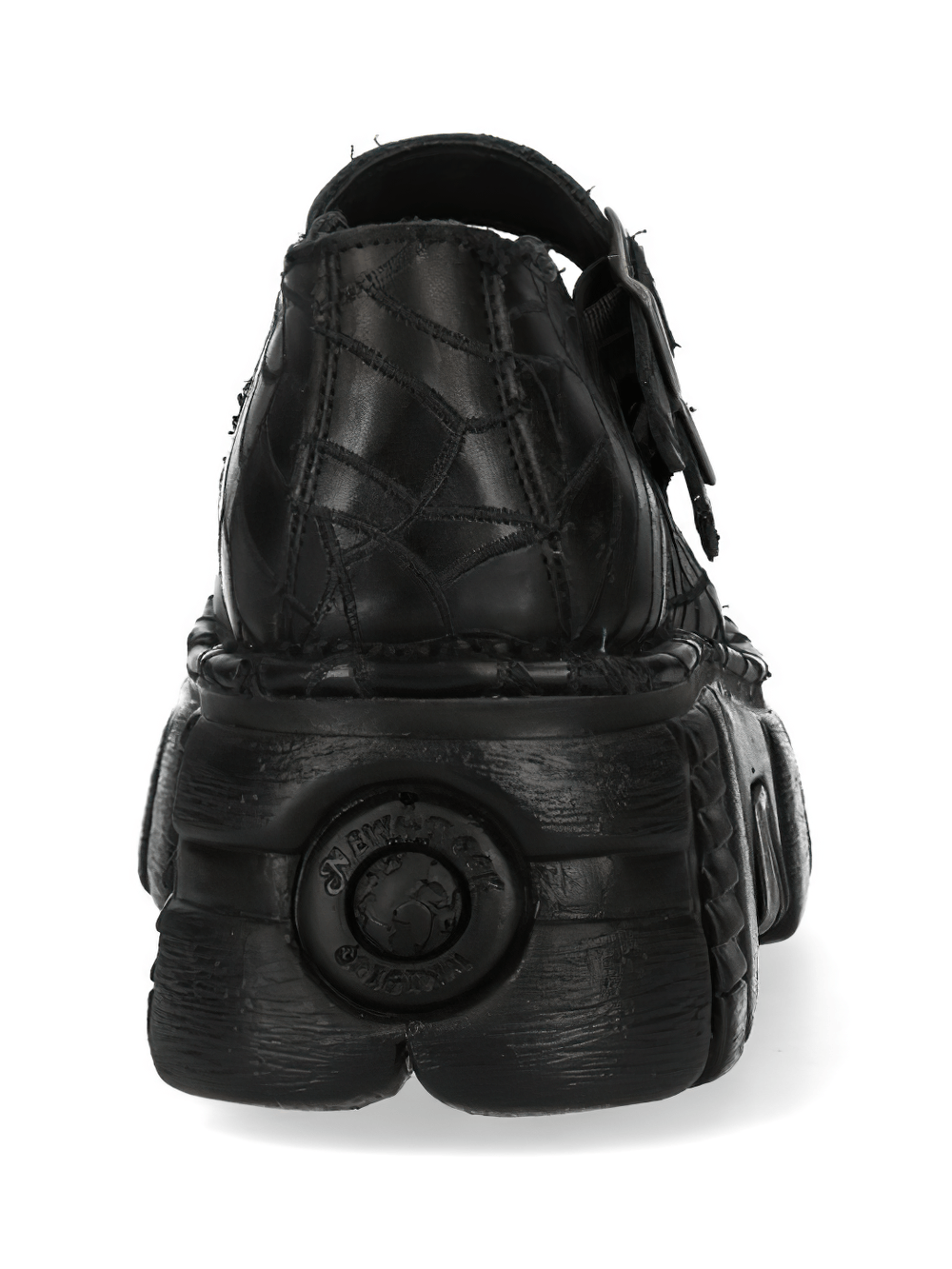 NEW ROCK Women's Web Print Buckle Platform Shoes with spiderweb texture and chunky sole, perfect for gothic punk style.