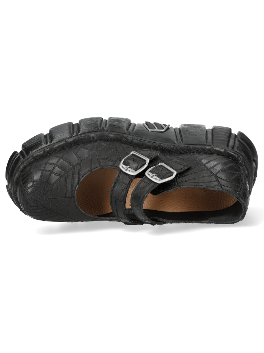 NEW ROCK Women's Web Print Buckle Platform Shoes with spider web texture and twin buckle straps.