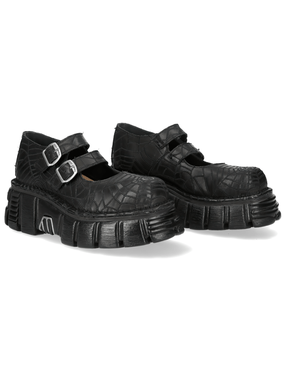 NEW ROCK Women's Web Print Buckle Platform Shoes featuring a raised spider web texture and chunky tread sole in black.