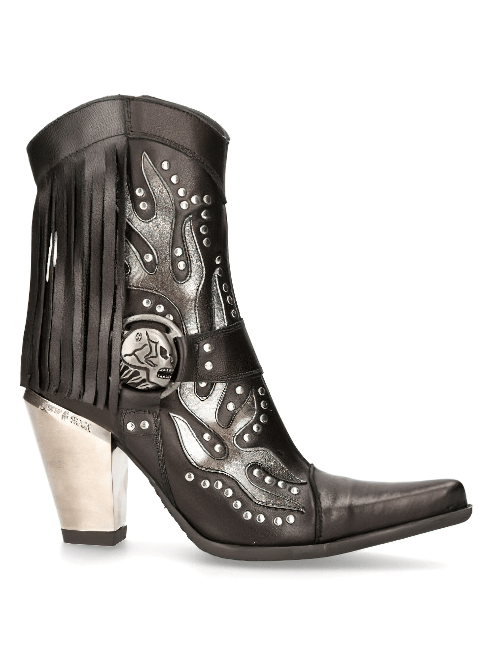 NEW ROCK women's black leather ankle boots with metal accents, unique Western punk style, 10 cm heel, intricate detailing.